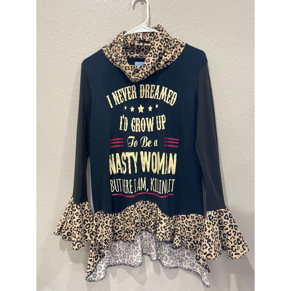 Upcycled black and leopard Protest Tee Shirt: Nasty Woman, Size M